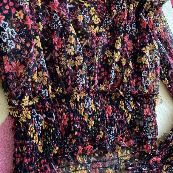 Free People Twyla Black Red Yellow Floral Mesh Long Sleeve Crop Top Blouse XS - Picture 4 of 6
